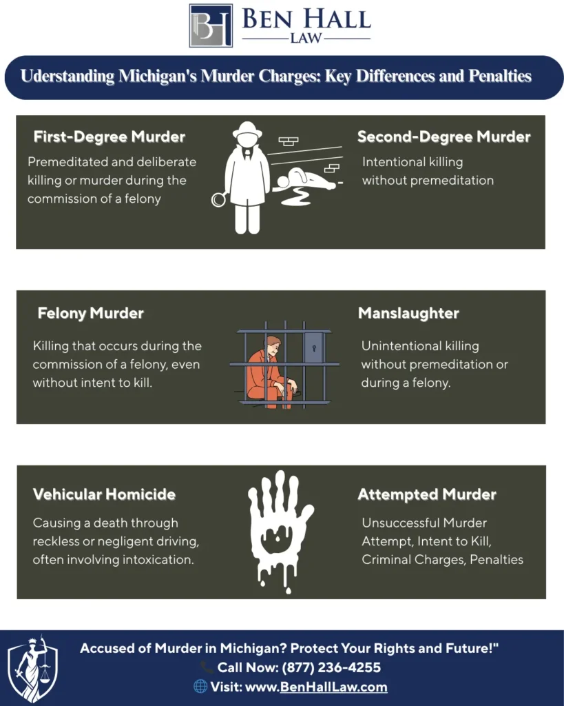 This infographic shows that Understanding Michigan's Murder Charges: Key Differences and Penalties