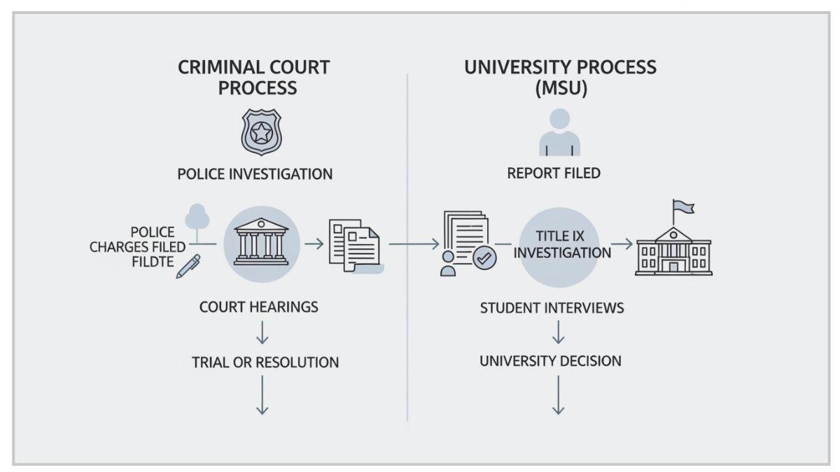Campus assault allegations process at MSU showing criminal court and university investigation steps