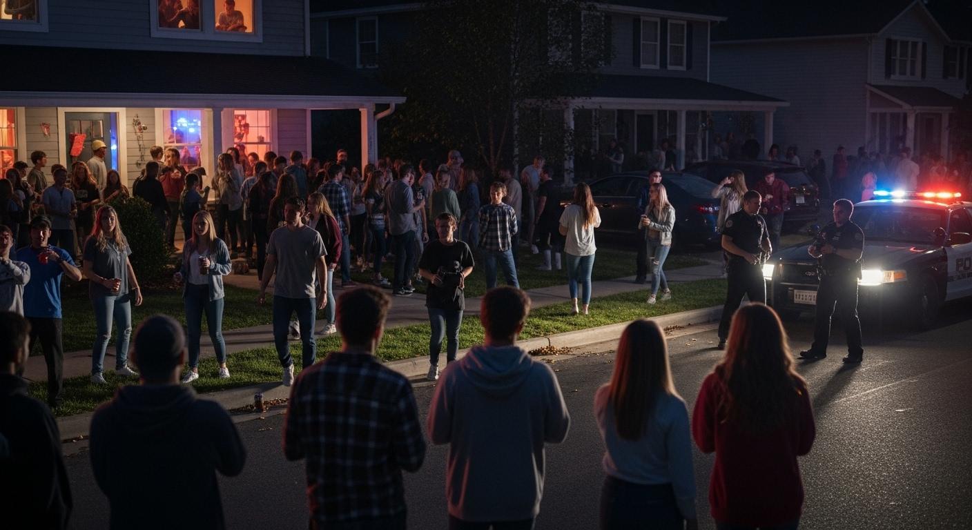 College students party spilling into street with police arrival causing noise and party citation